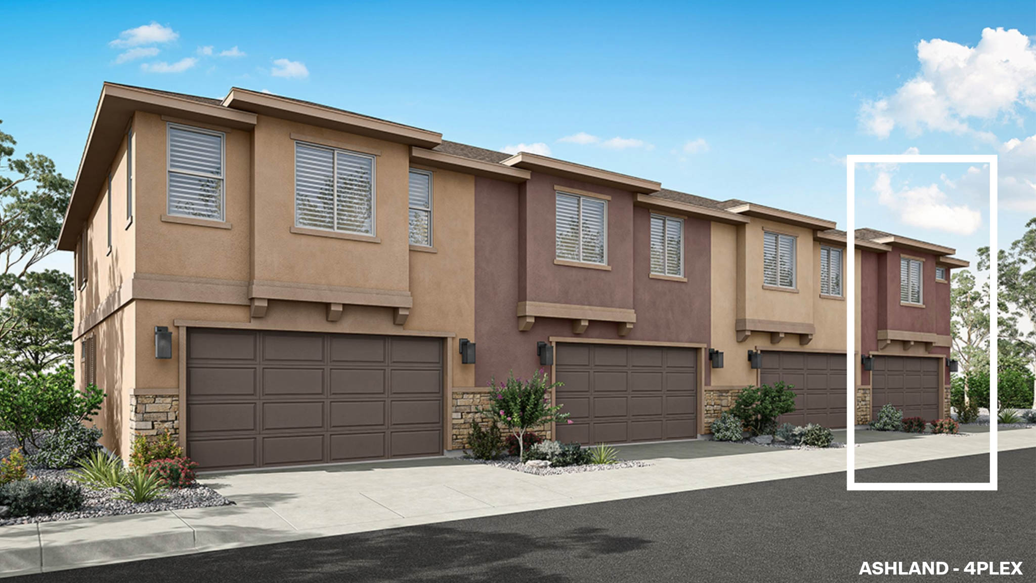 Rendered photo of the back of a fourplex with a two-car garage