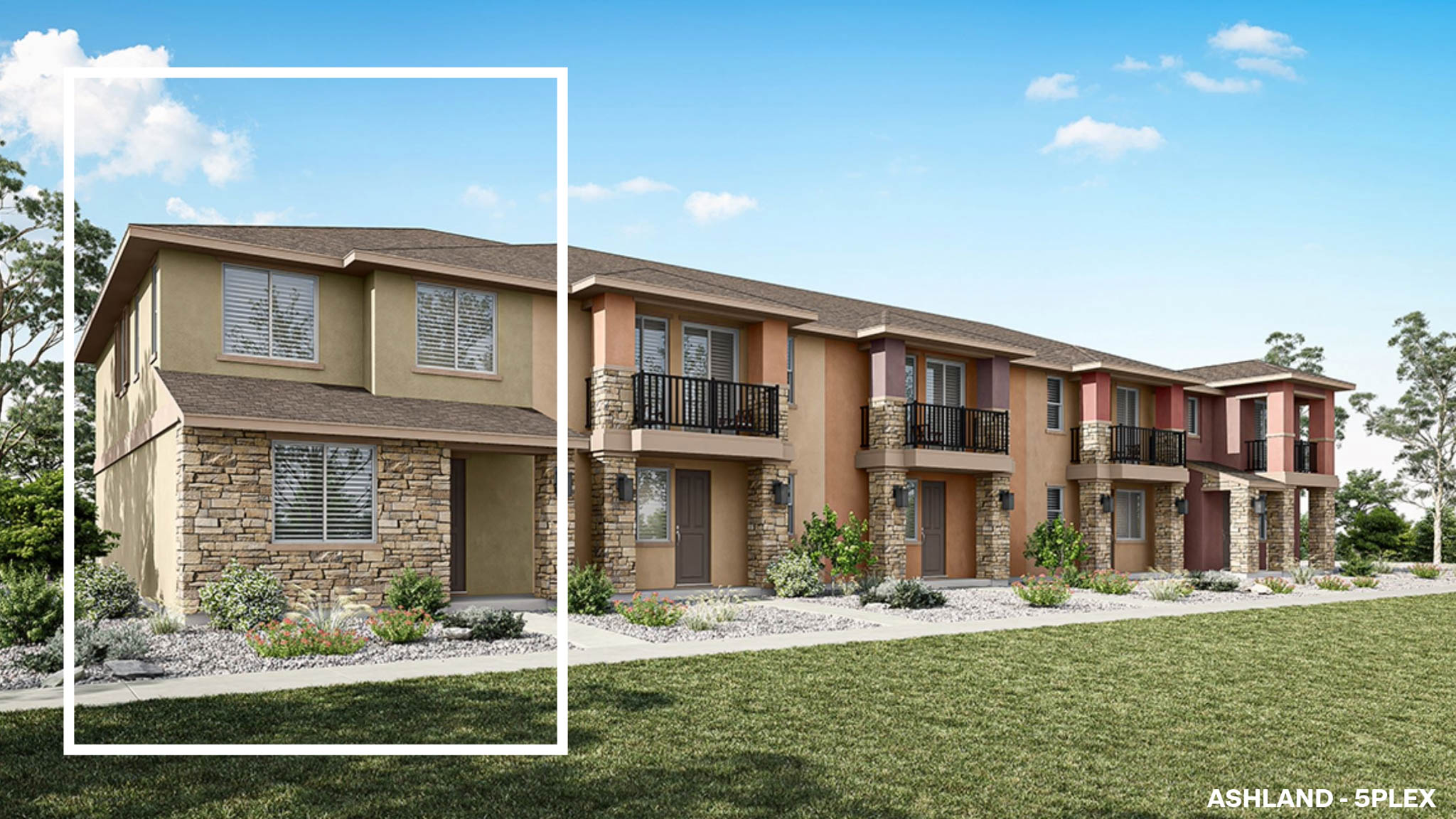 Rendered photo of the front of a five plex