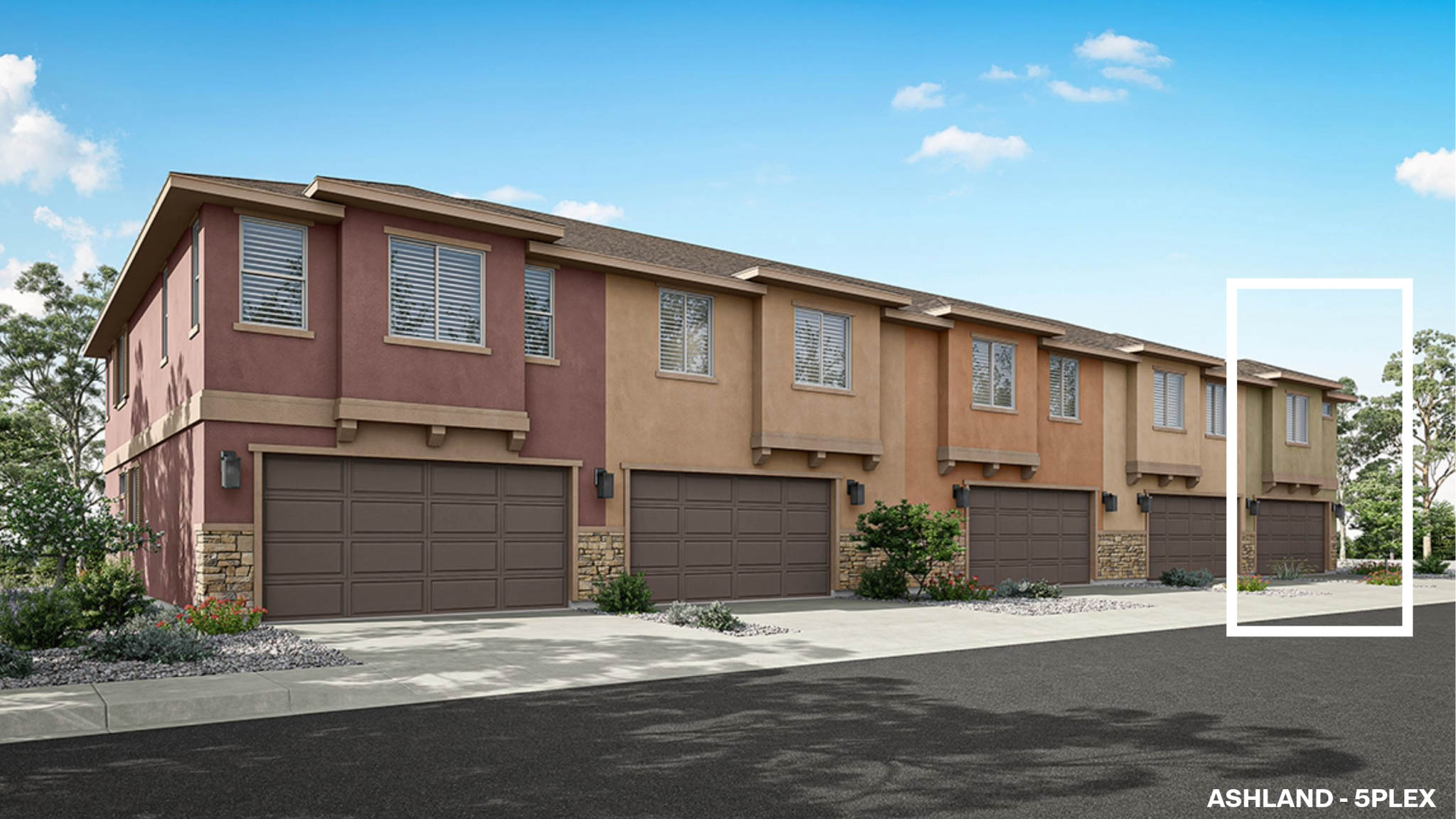 Rendered photo of the back of a five plex with a two-car garage