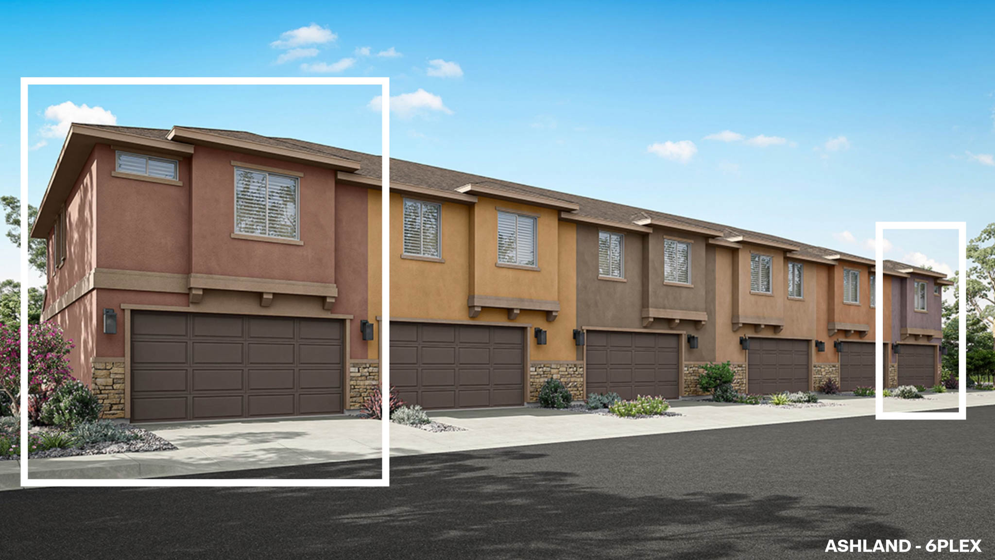 Rendered photo of the back of a six plex with a two-car garage