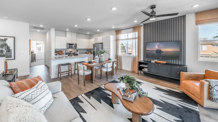 Bright open-concept living, dining and kitchen