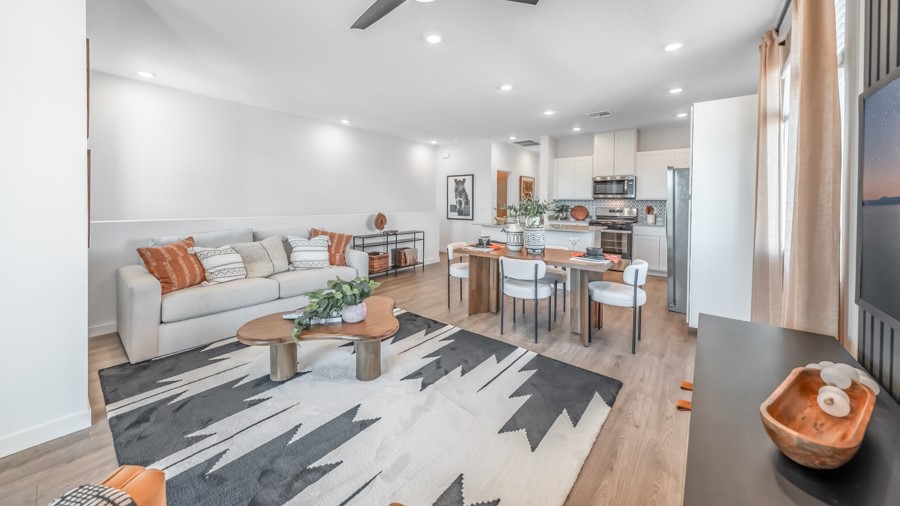 Spacious living room with large windows