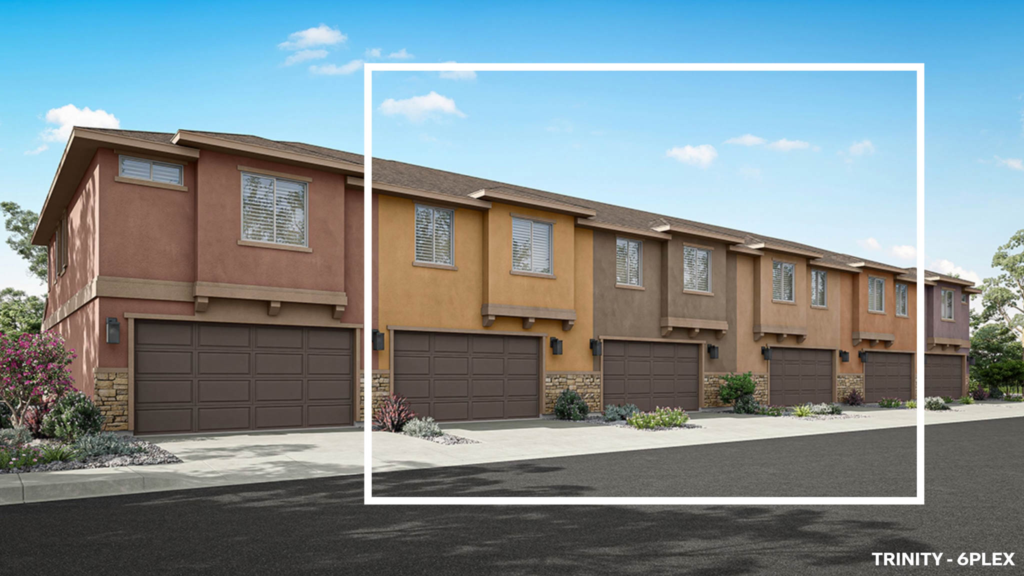 Rendered photo of the back of a six plex with a two car garage