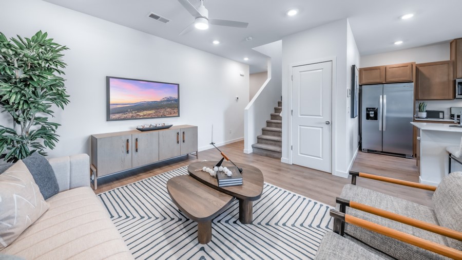 Spacious living room looking towards the stairs