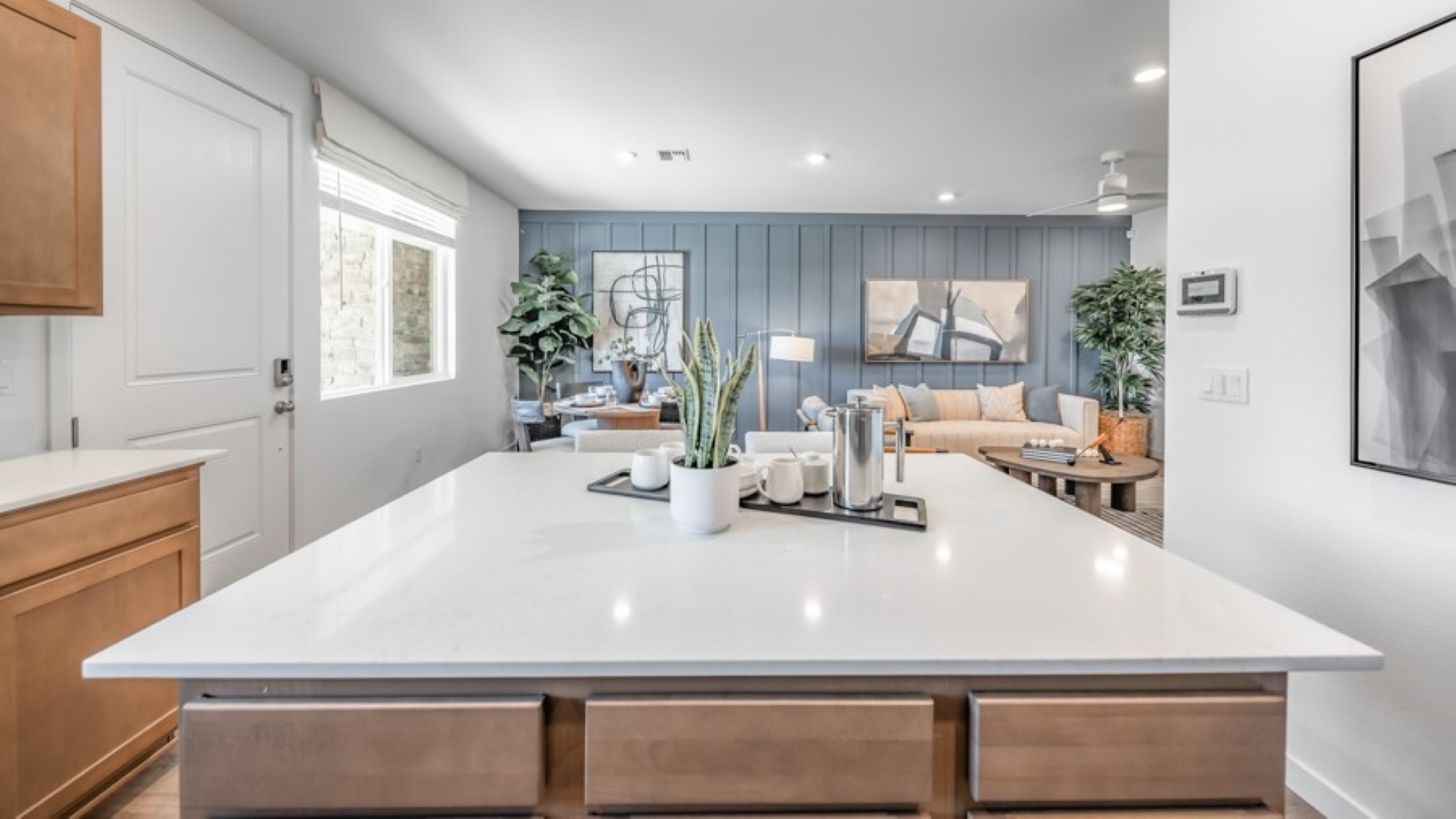 Kitchen island looking towards dining room and great room