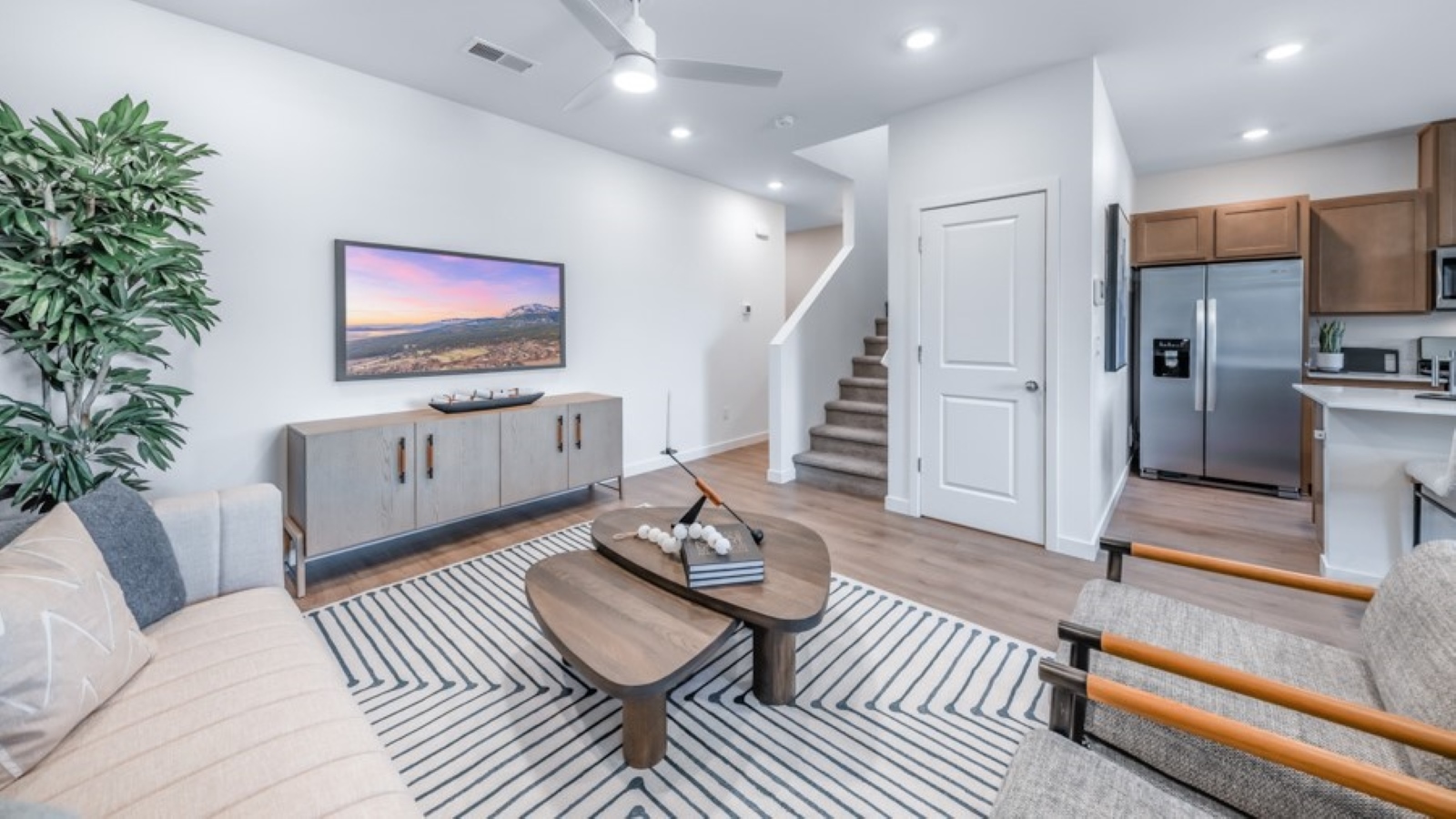 Spacious living room looking towards the stairs