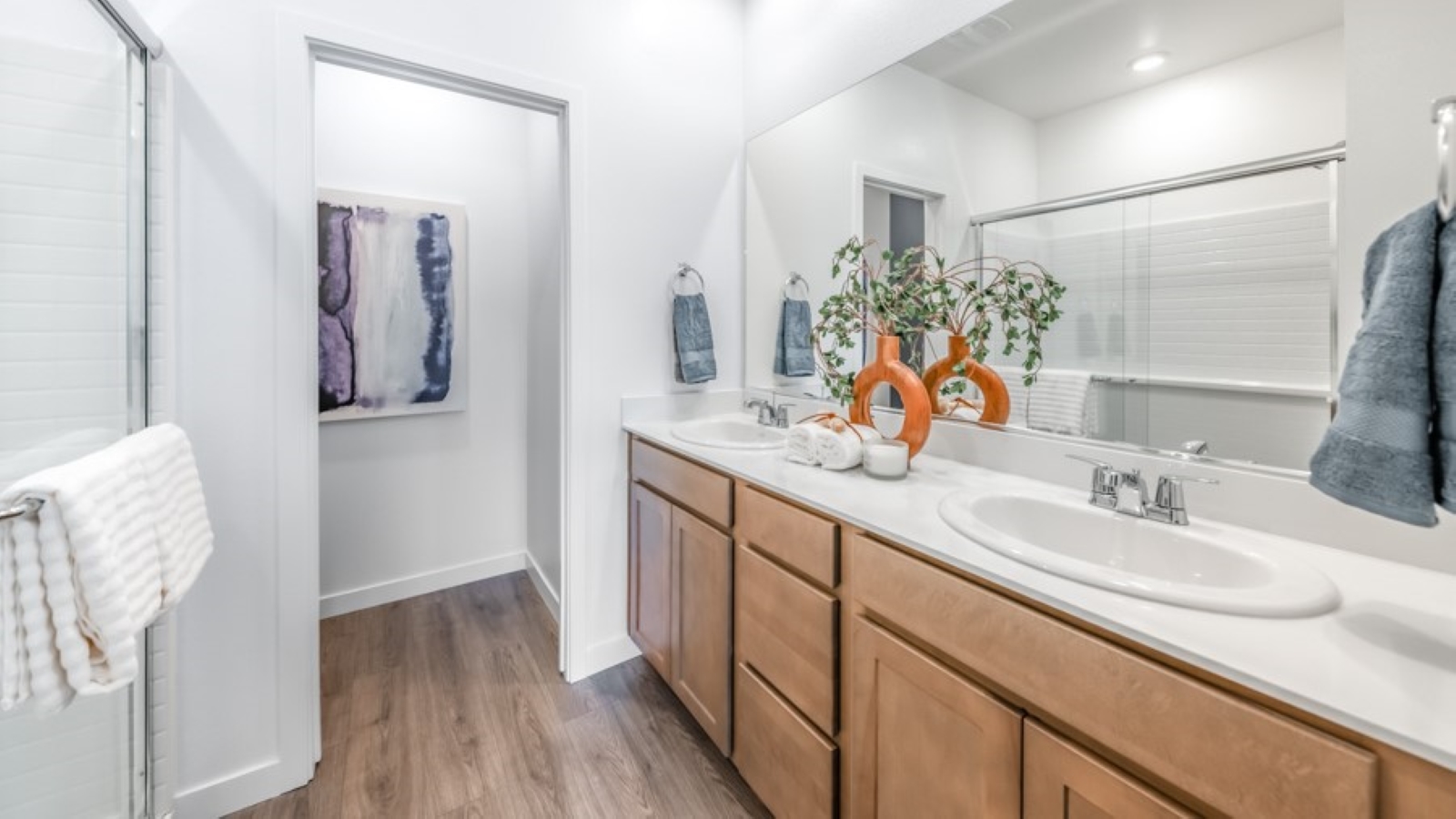 Primary bathroom with vanity and walk-in shower