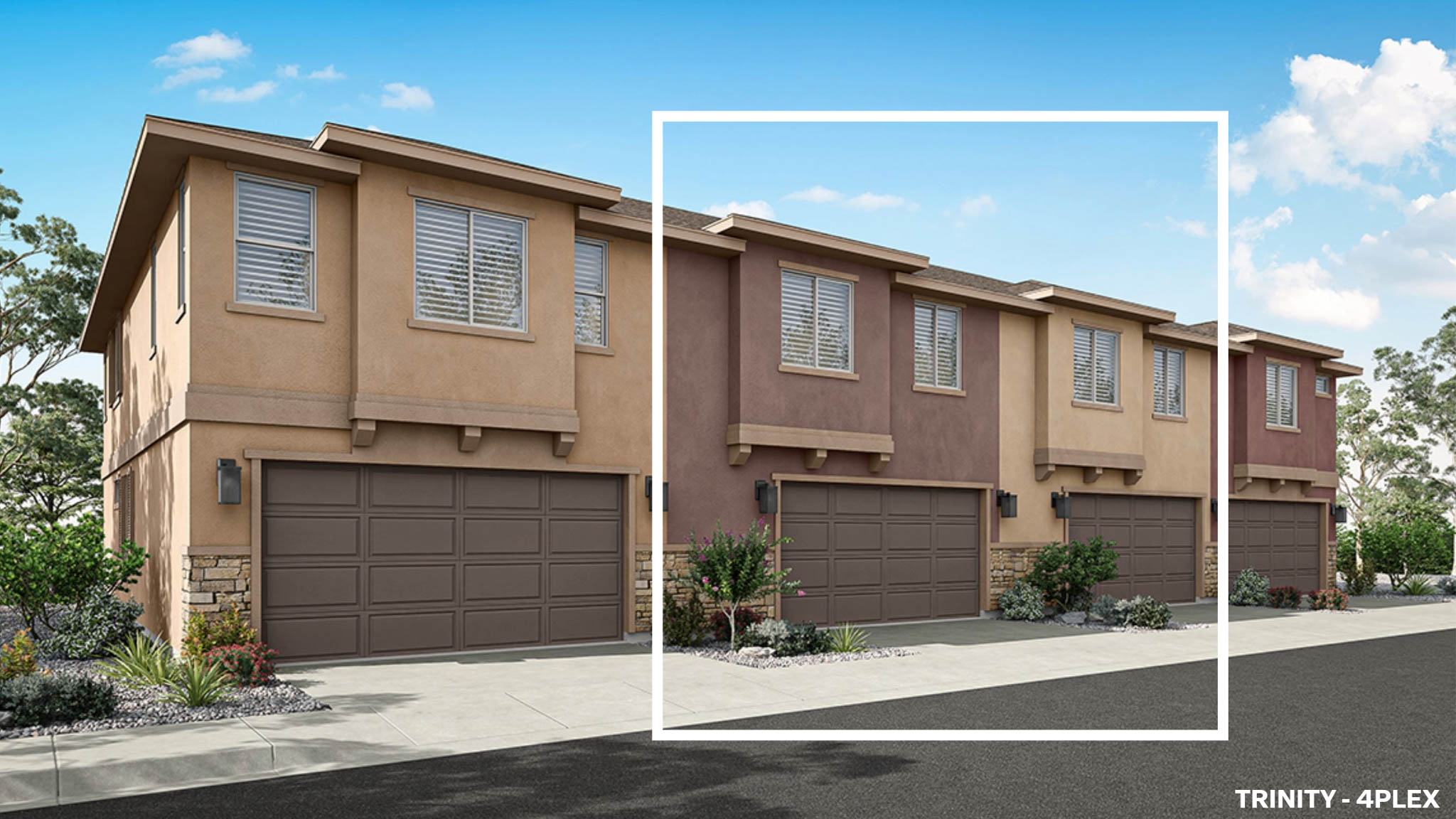 Rendered photo of the back of a fourplex with a two car garage