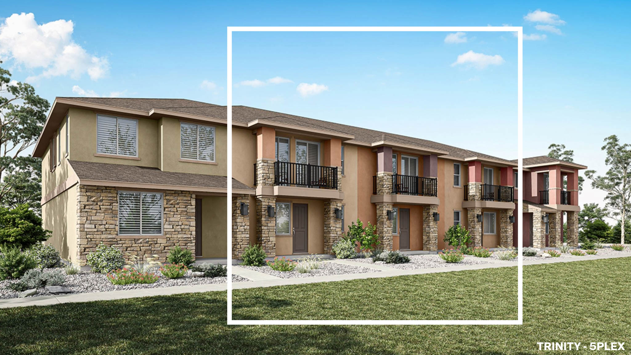 Rendered photo of the front of a five plex