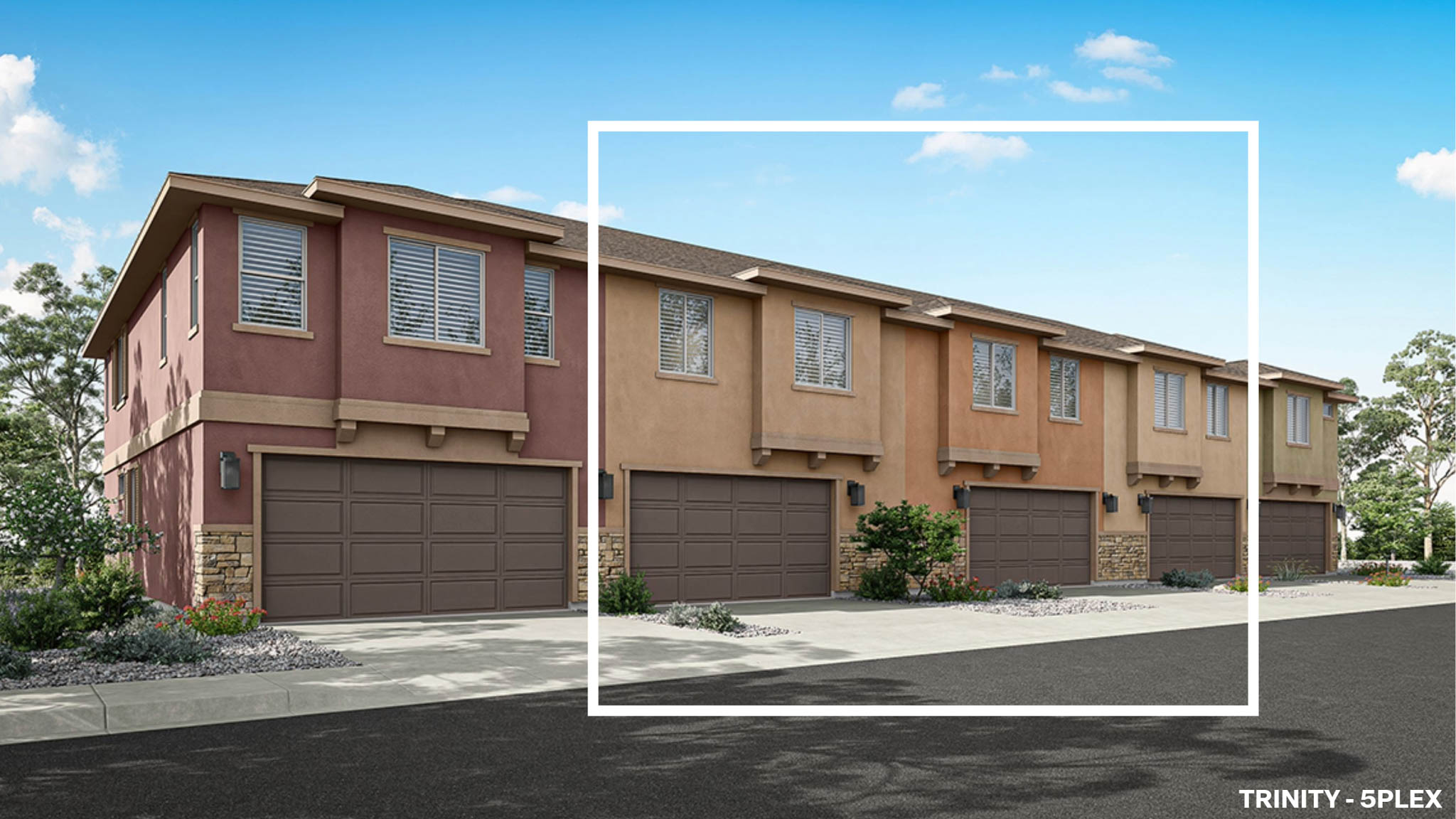Rendered photo of the back of a five plex with a two car garage