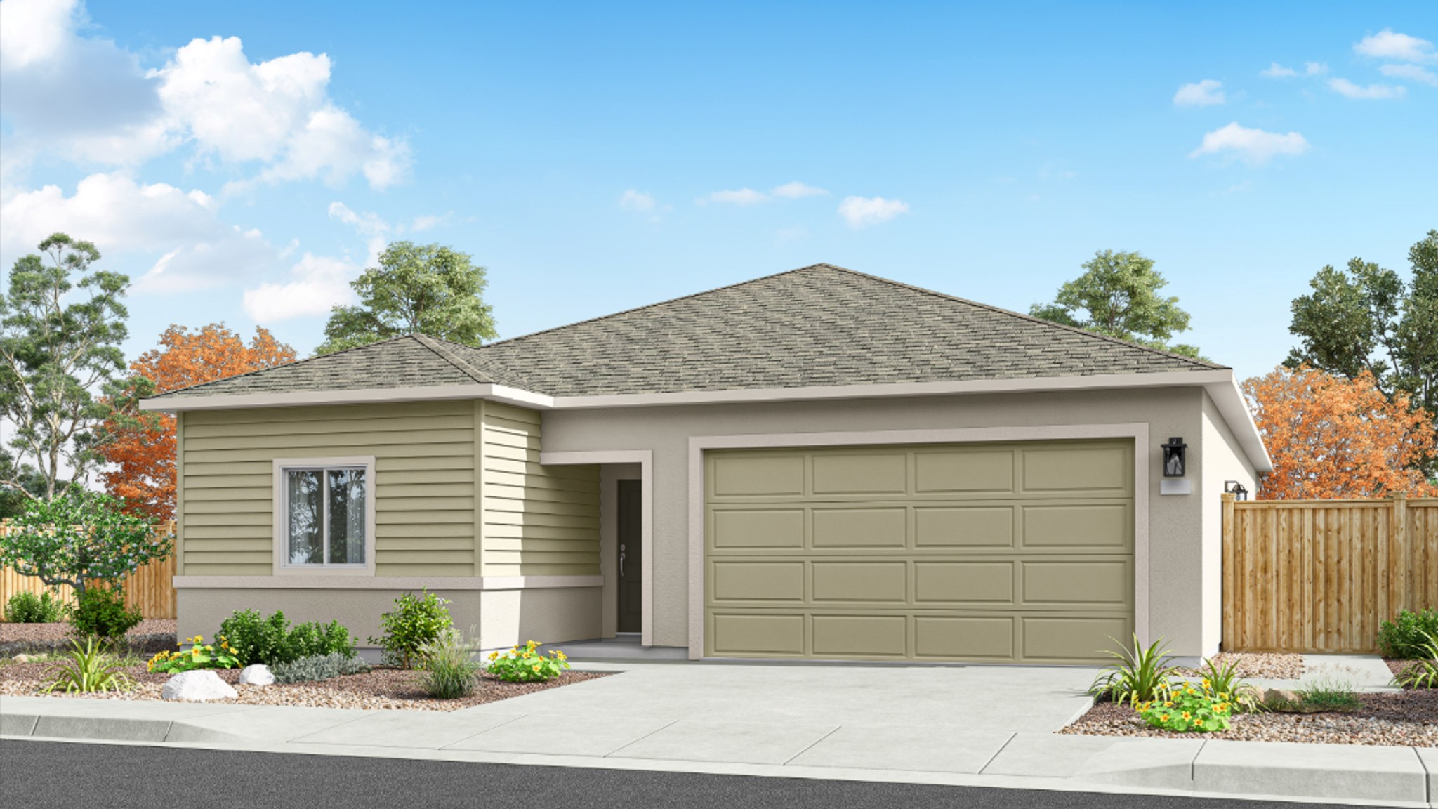 One-story Almanor floorplan rendering with light stucco exterior