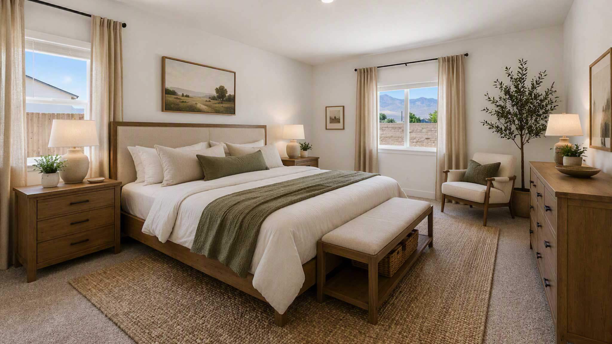 Virtually staged bright carpeted primary bedroom