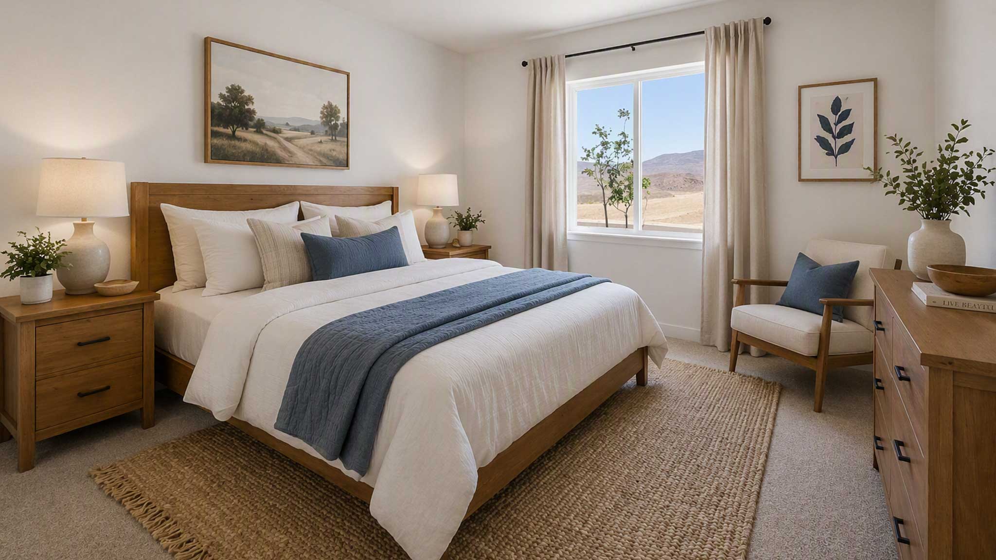 Virtually staged secondary carpeted bedroom with bright light