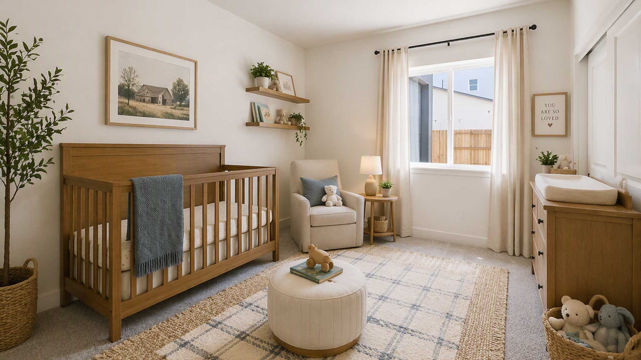 Virtually staged secondary carpeted bedroom with bright light decorated as a nursery