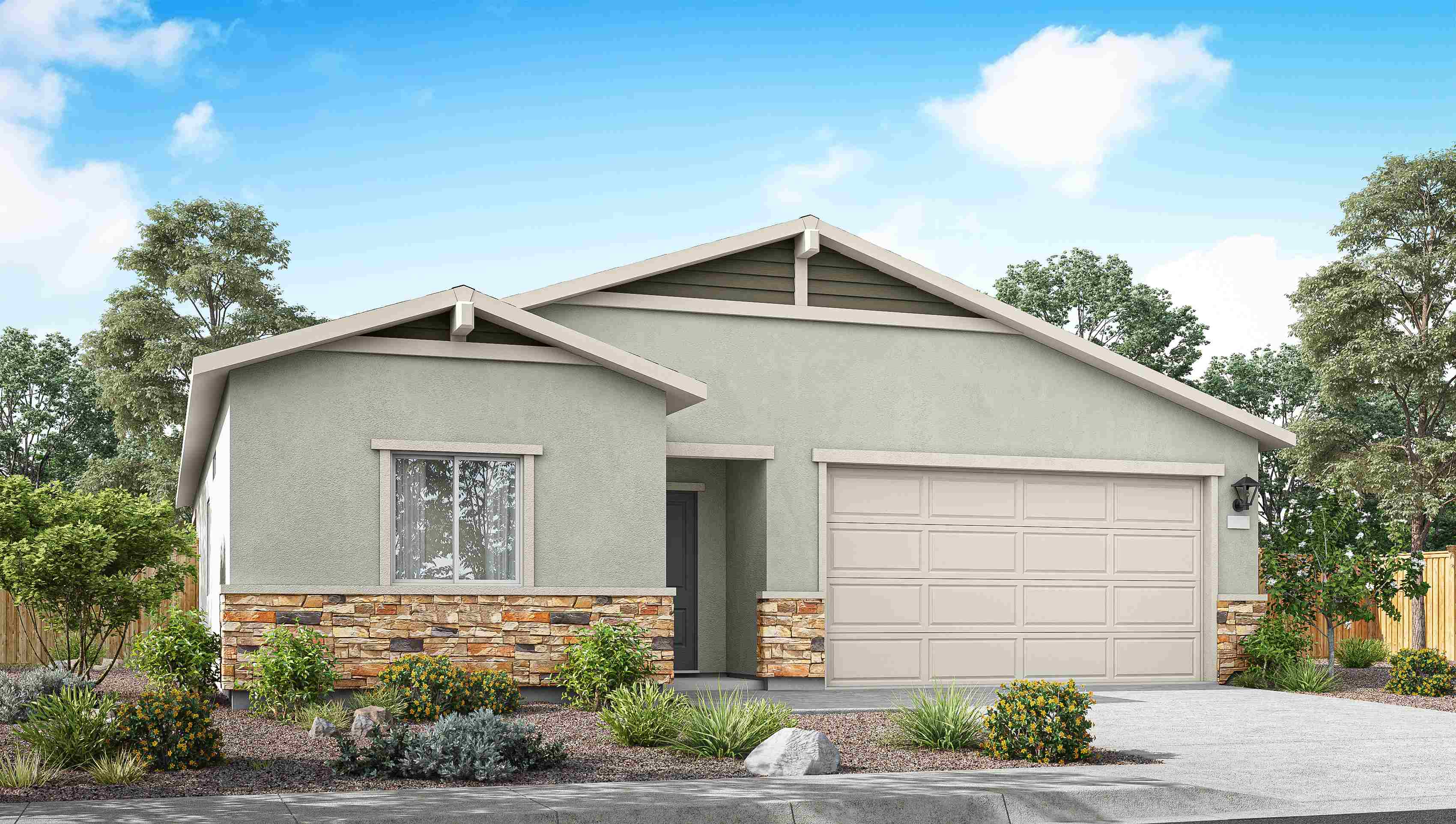 Single story home rendering with light exterior and stone