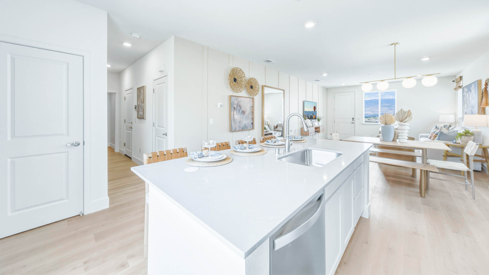 Large kitchen island looking out towards the living room