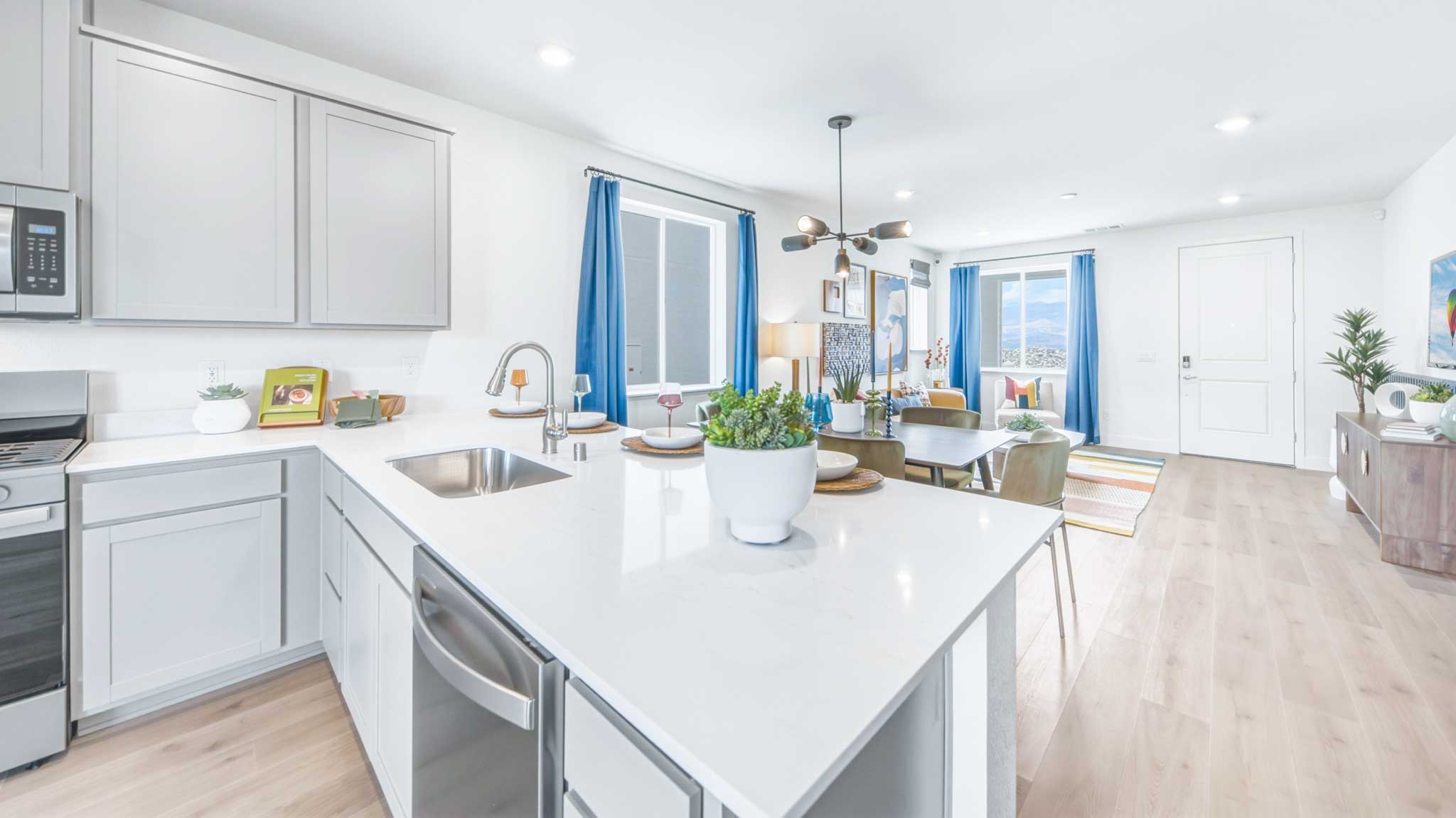 Kitchen counter and bright cabinets