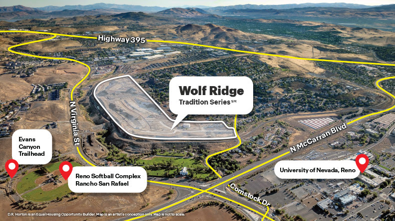 Aerial of Wolf Ridge community and surrounding amenities like University of Nevada, Reno