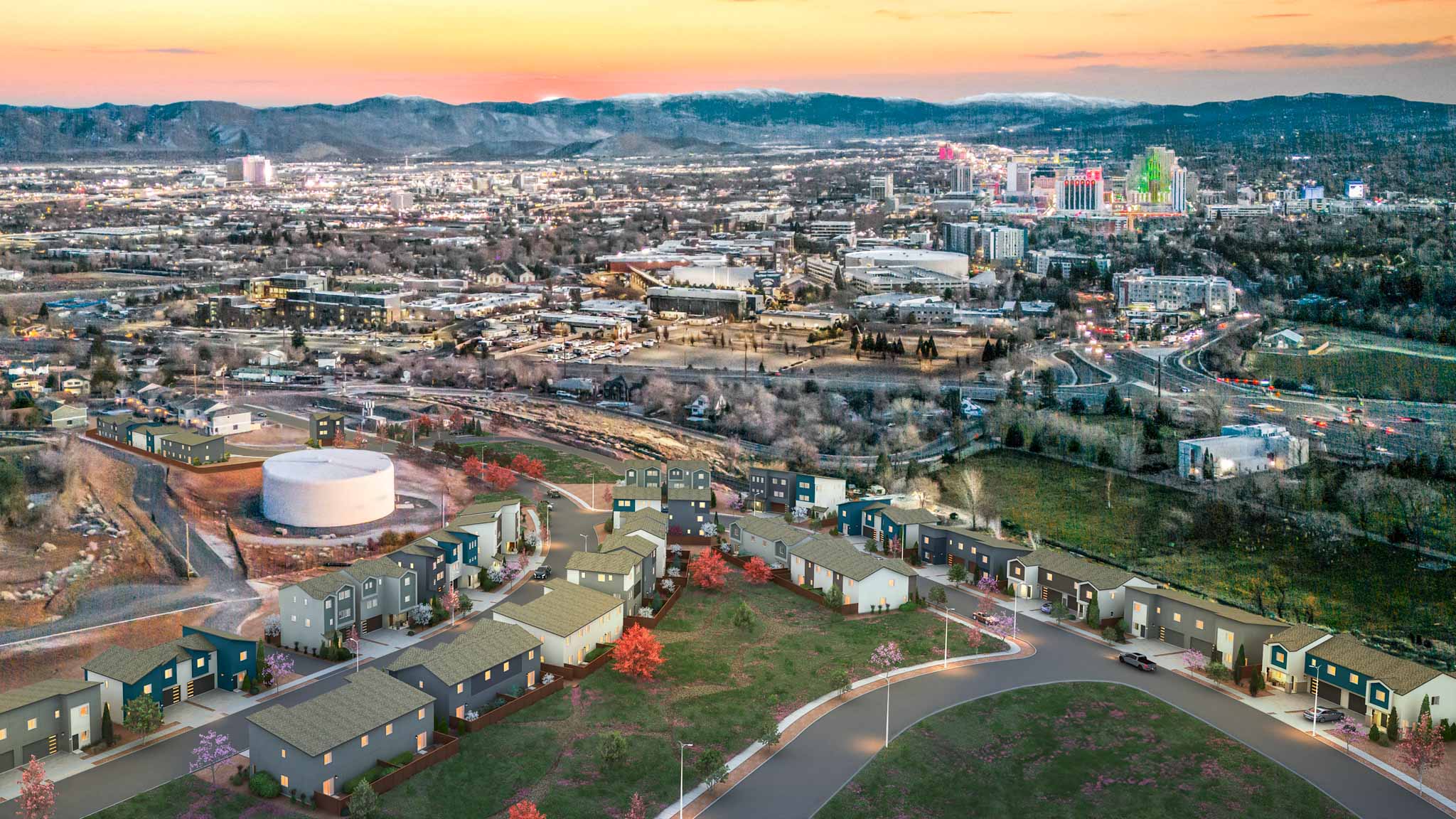 Drone composite image of the Wolf Ridge neighborhood overlook the Reno downtown skyline at dusk.