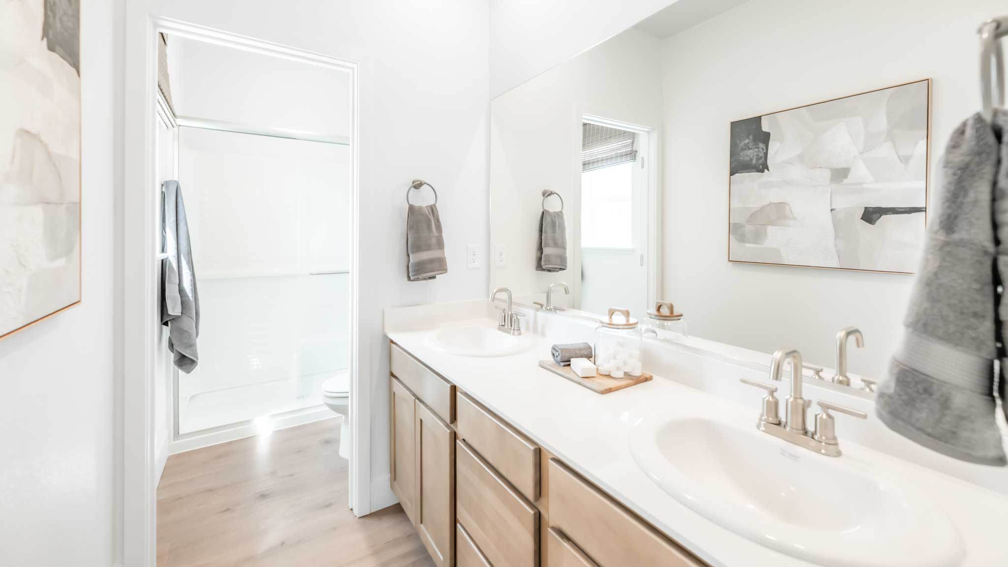 Primary bathroom with a large vanity and a separate area for the toilet and the shower