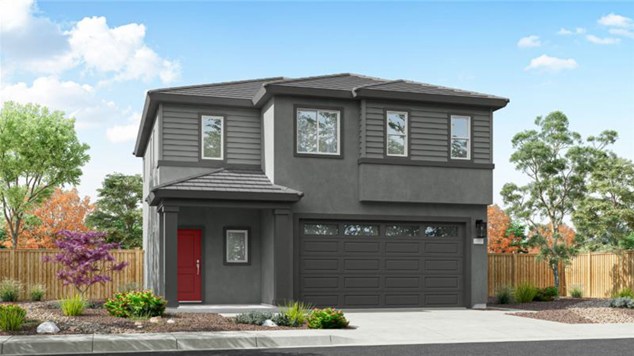 Two-story exterior rendering of Keystone floorplan with stucco exterior