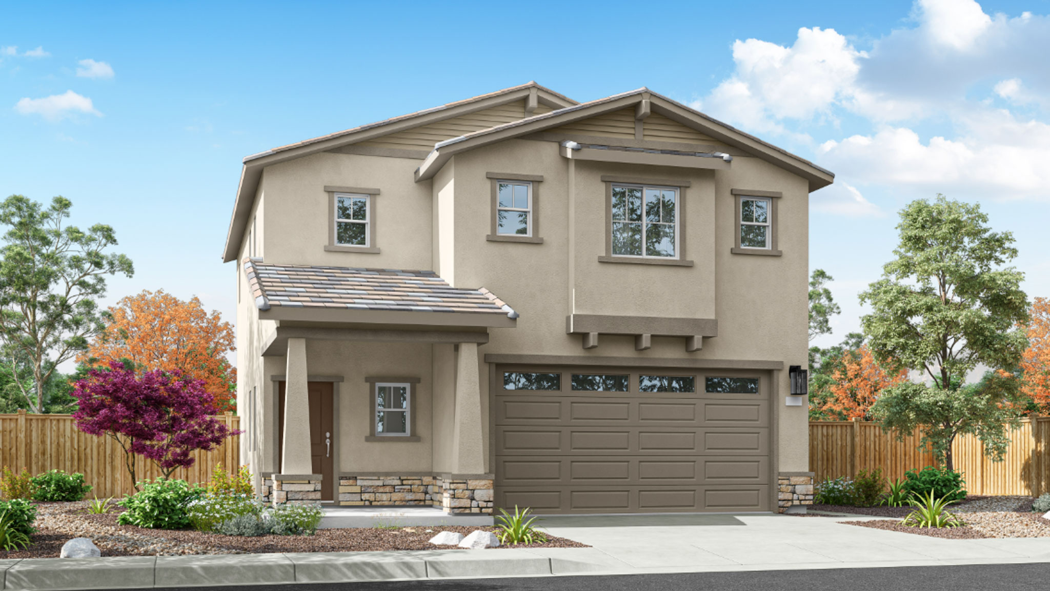 Keystone floorplan two-story rendering option with stucco and stone accents