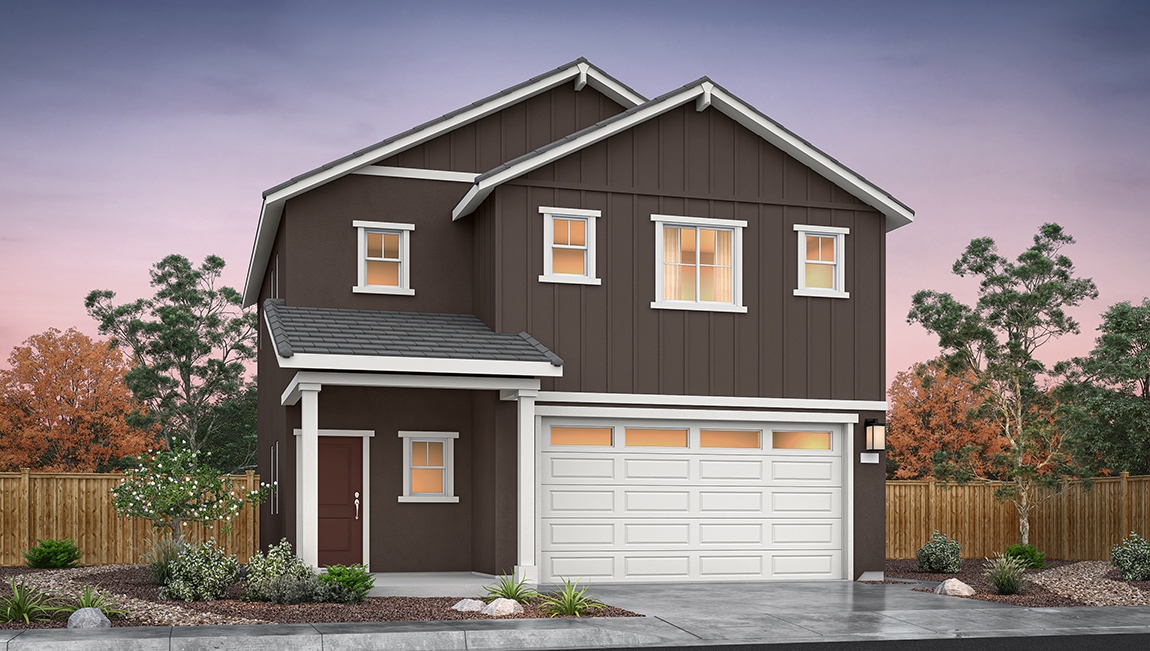 Two-story Keystone floorplan exterior rendering with stucco and board and baton accents