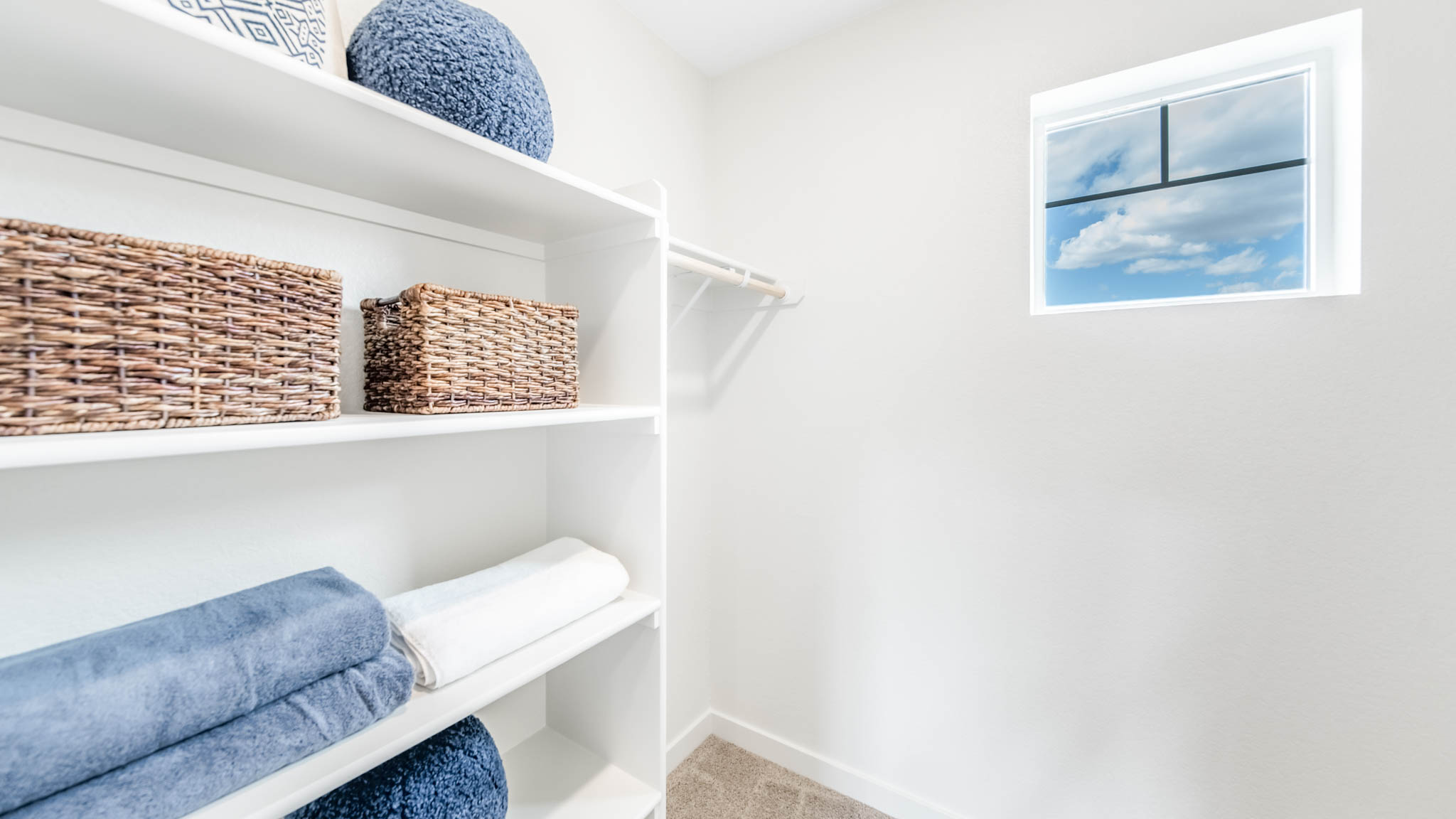 Primary closet with shelving and a window