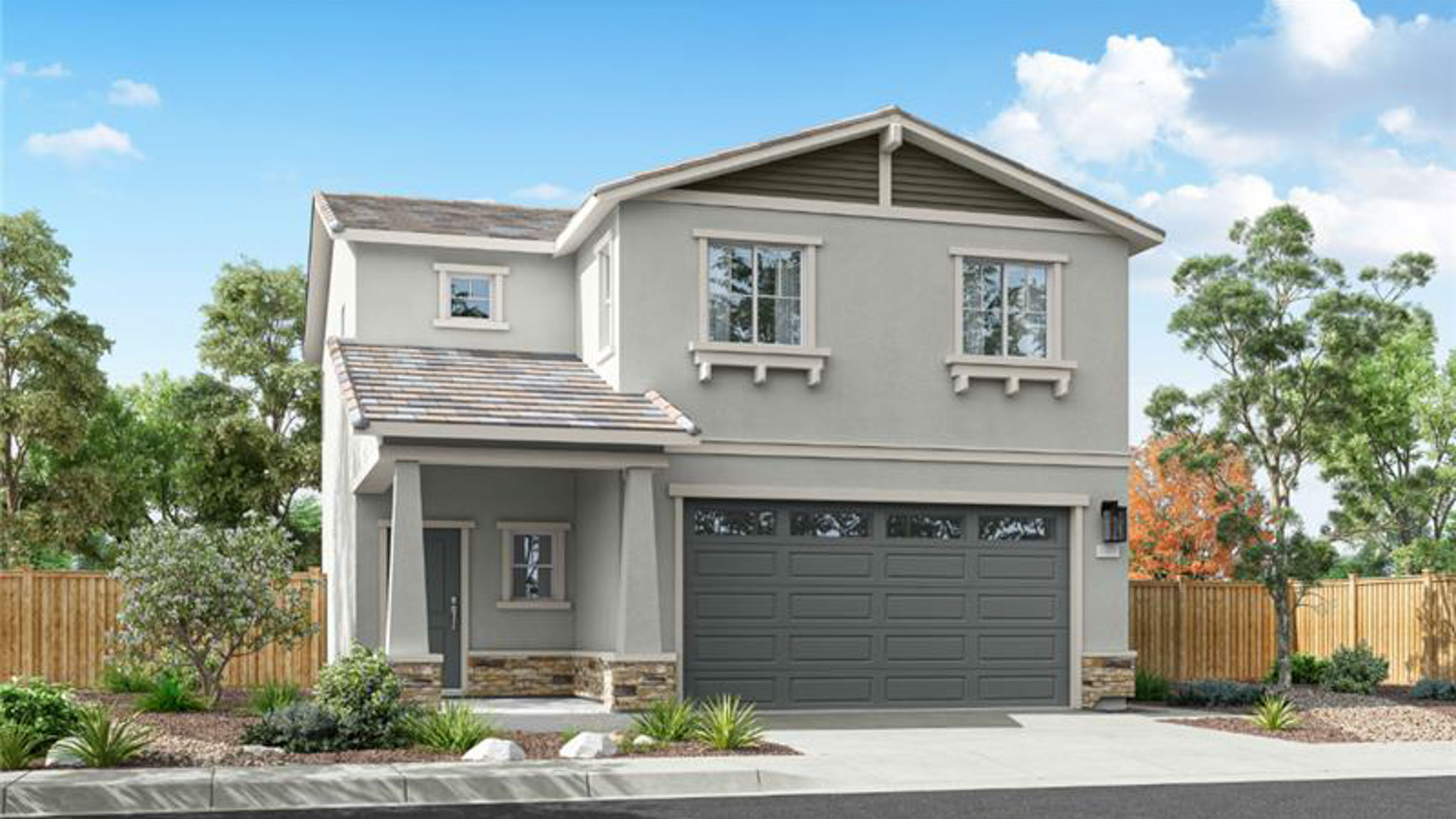 Two-story exterior rendering of Zephyr floorplan with stucco exterior and two-car garage at front of home