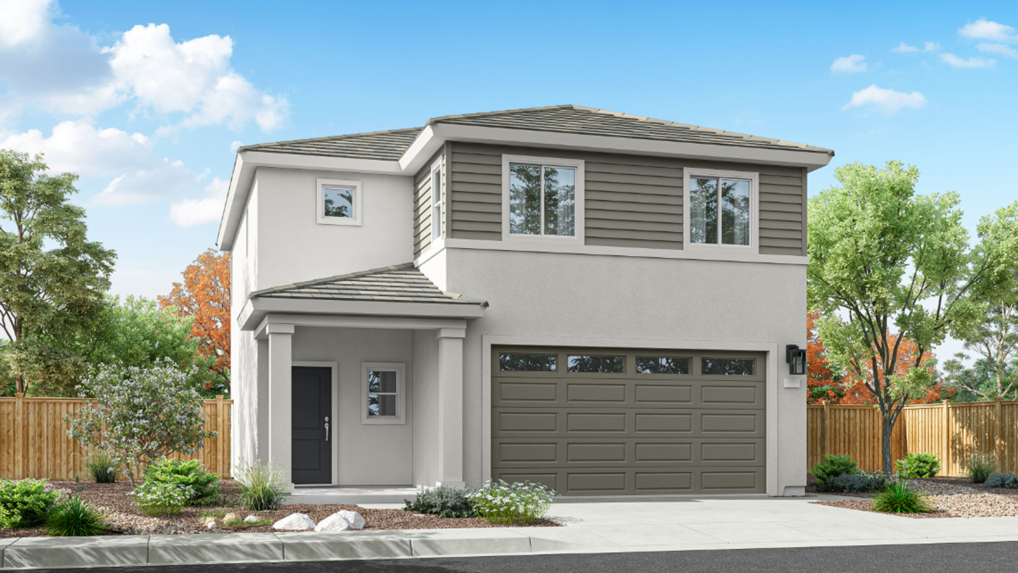 Two-story Zephyr floorplan exterior rendering with West Coast