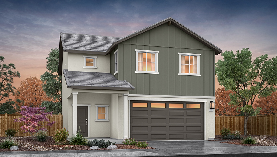 Two-story Zephyr floorplan rendering with stucco exterior and board and baton accents