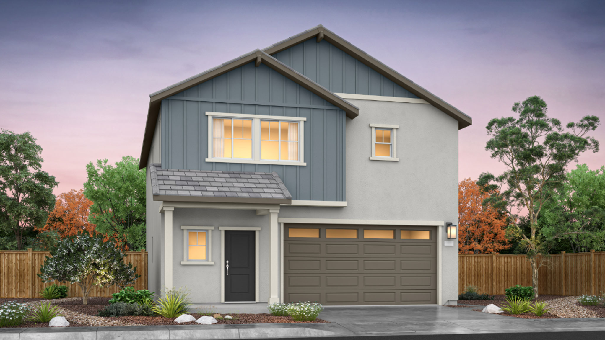 Two-story Canyon floorplan rendering with stucco exterior and board and baton accents