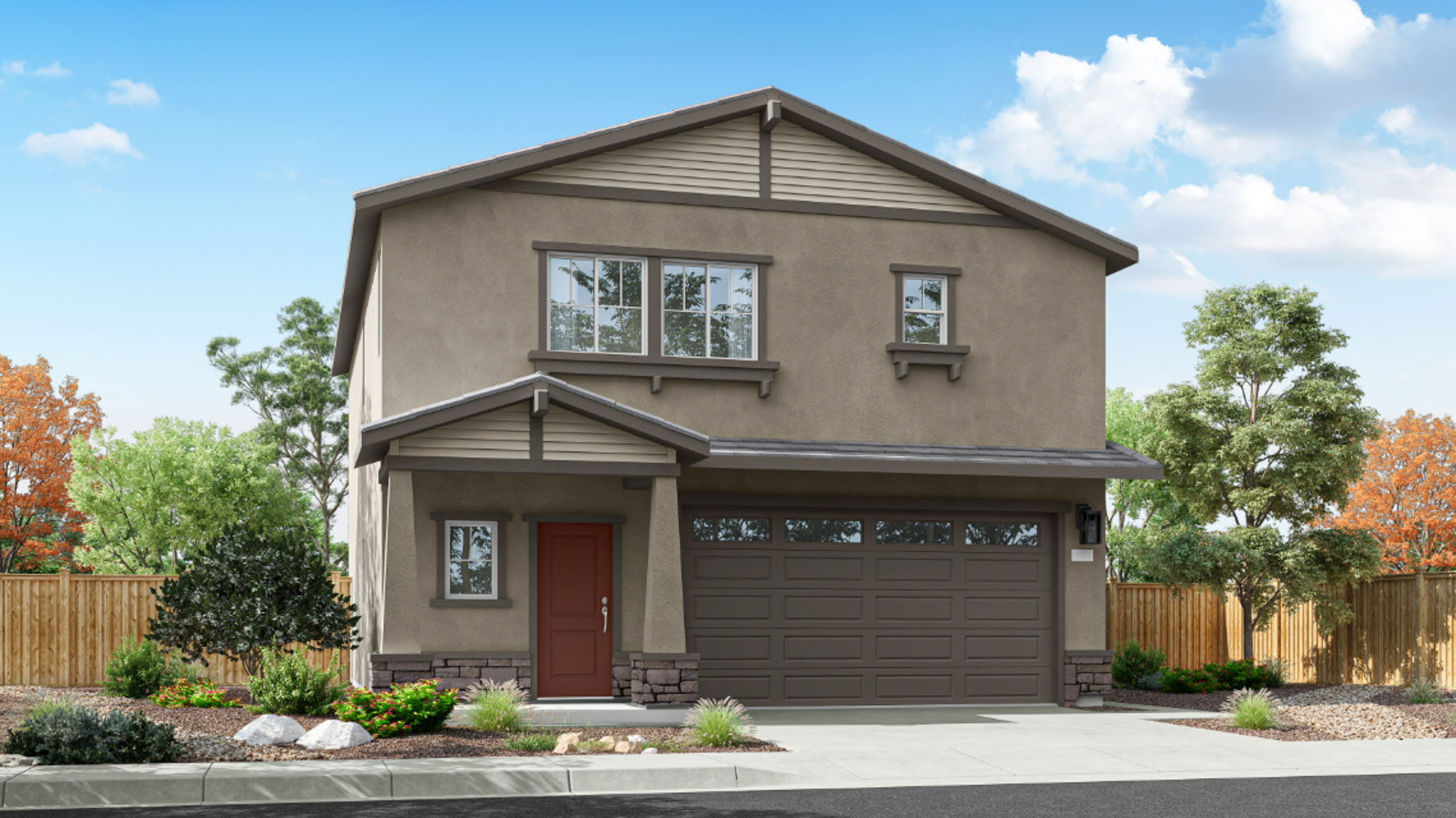 Two-story Canyon floorplan rendering with stucco and stone exterior