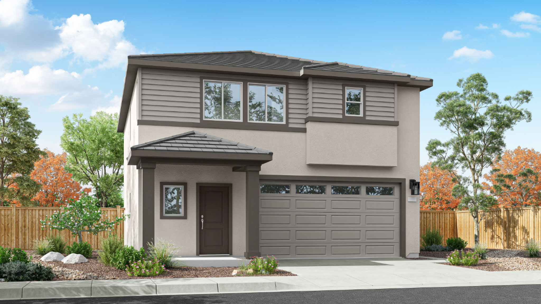 Rendering of two-story Canyon floorplan with West Coast exterior design