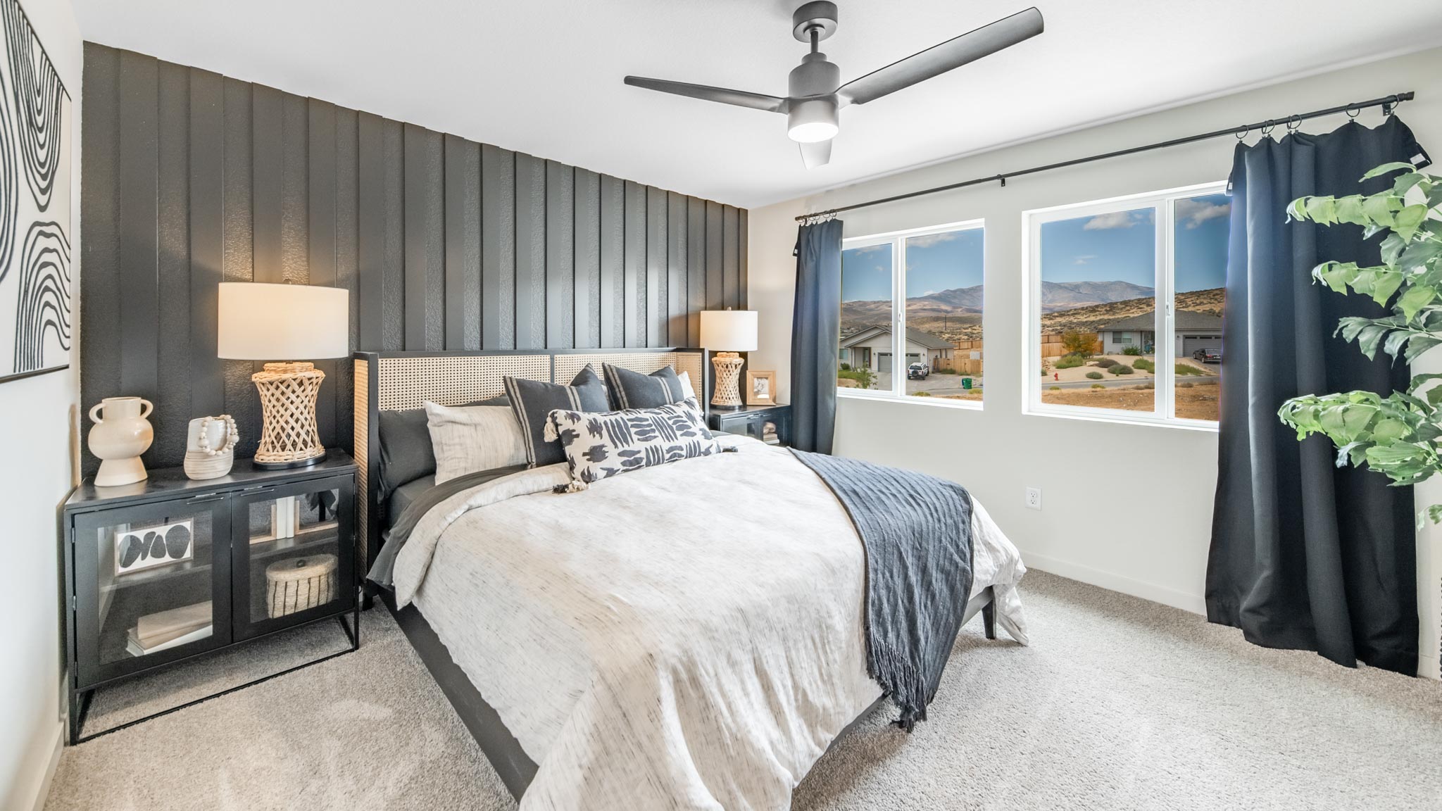 Modern primary bedroom with a king sized bed