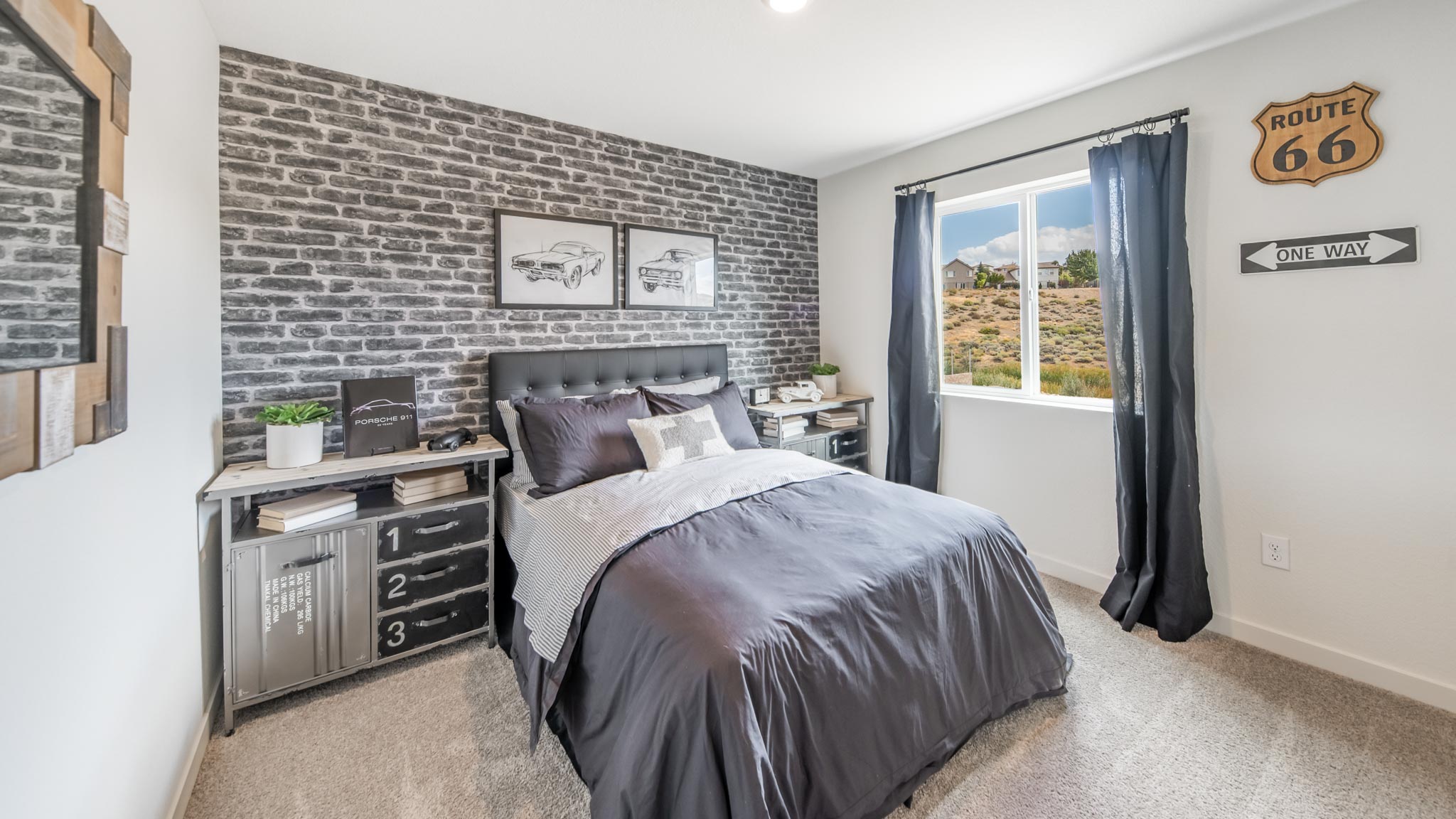 Spacious guest room with a large window