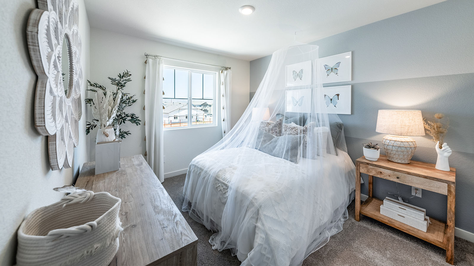 Bright children's bedroom with carpeted floors