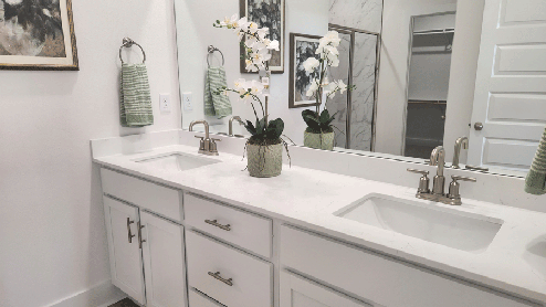 Primary bathroom room that includes double vanity with white cabinets