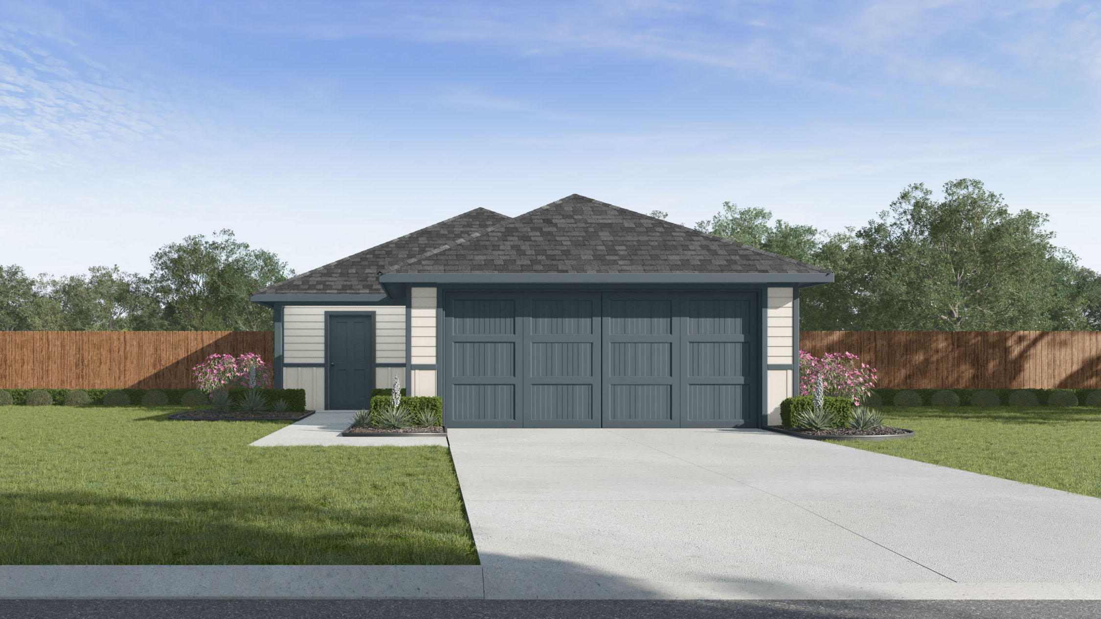 Exterior single story with garage and dark and light siding