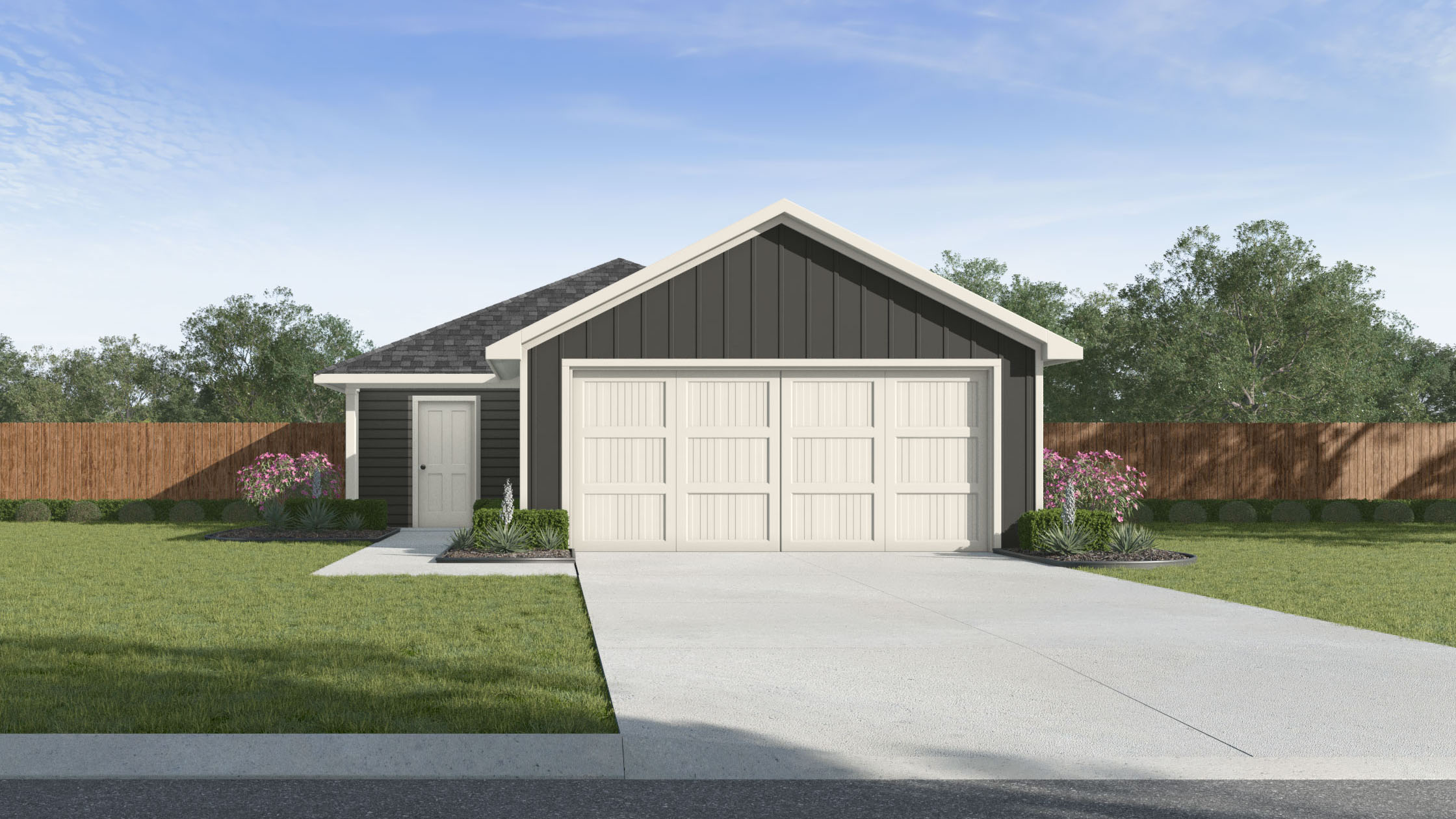 Exterior single story with garage and light siding
