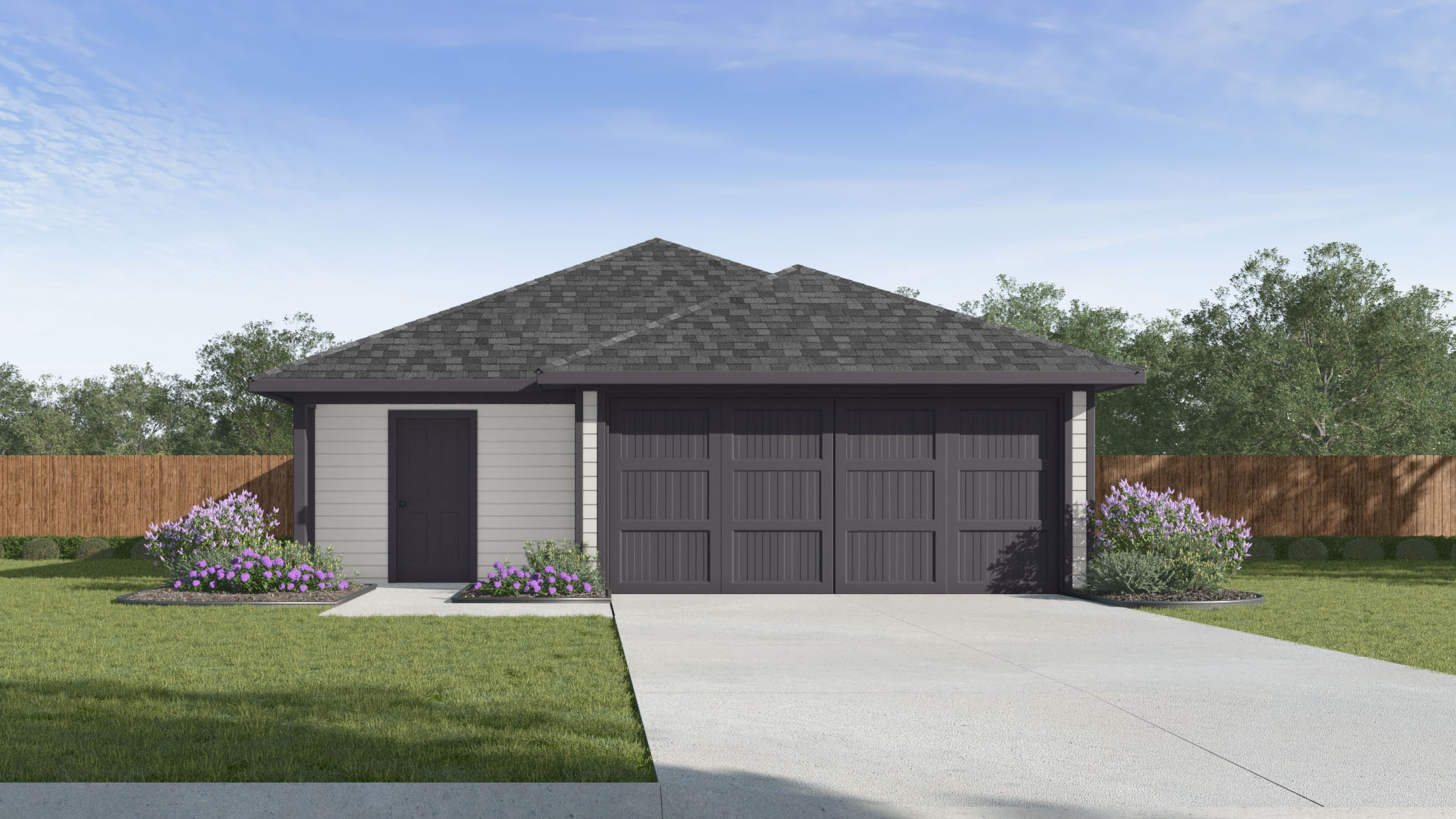 Exterior single story with garage and grey siding