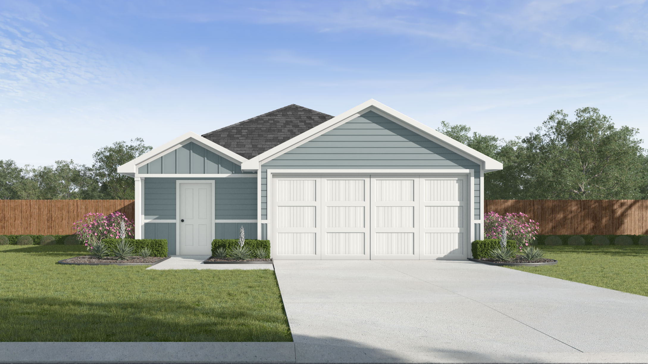 Exterior single story with garage and light siding