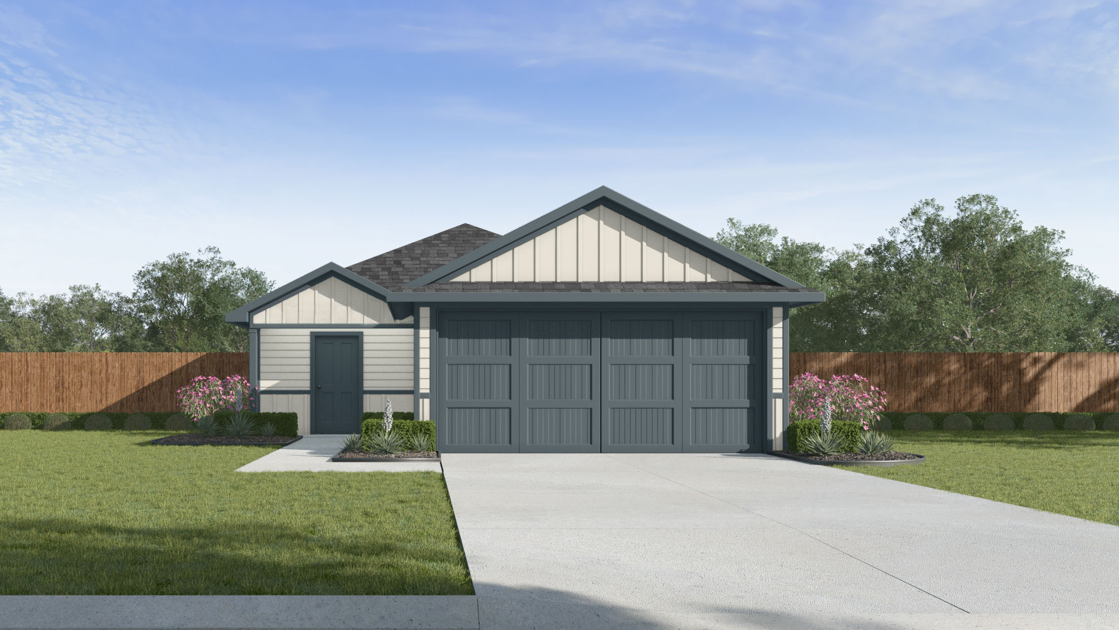 Exterior single story with garage and light siding with grey trimming