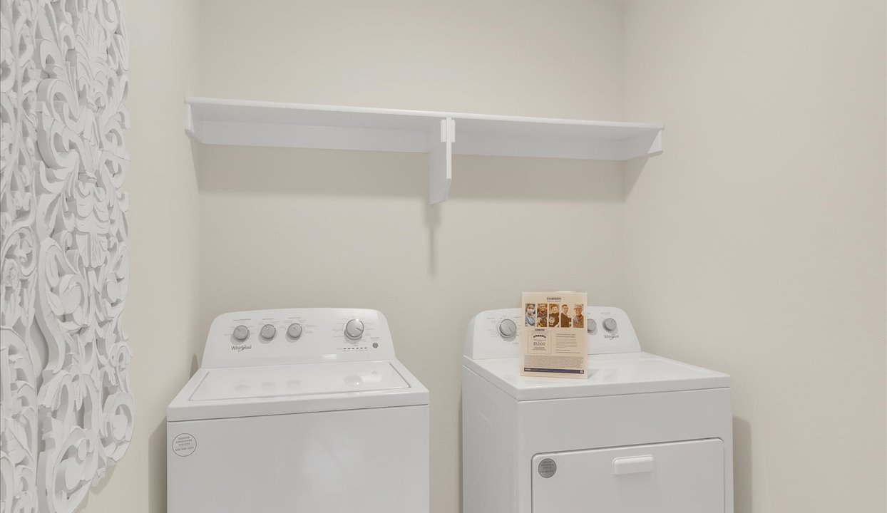 Laundry room with white walls and washer/dryer unit.