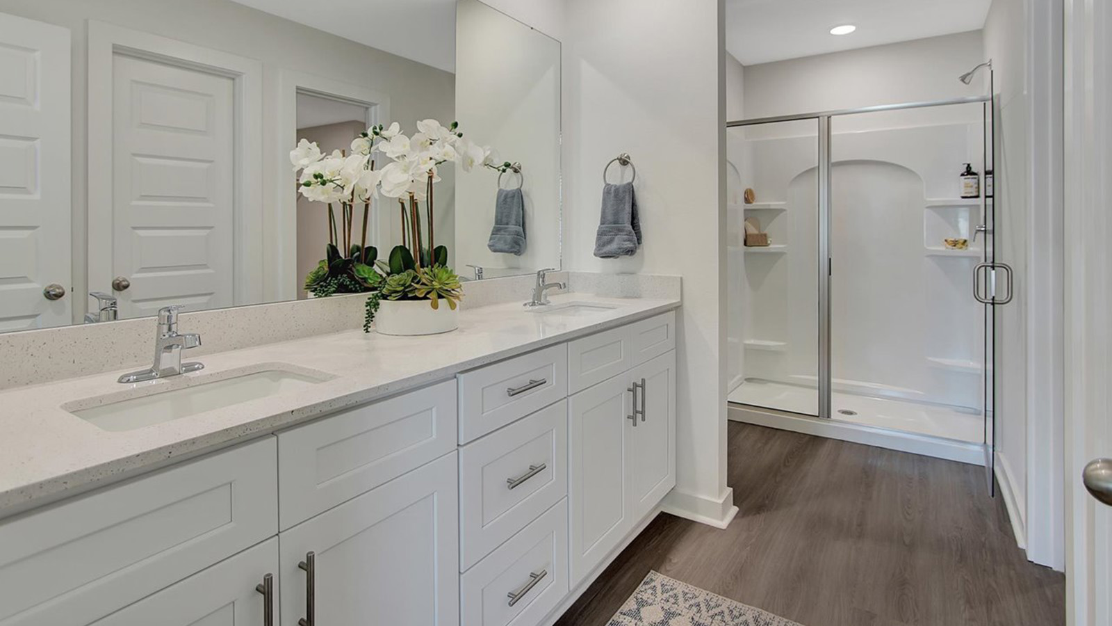 Bathroom 1 with double white vanity