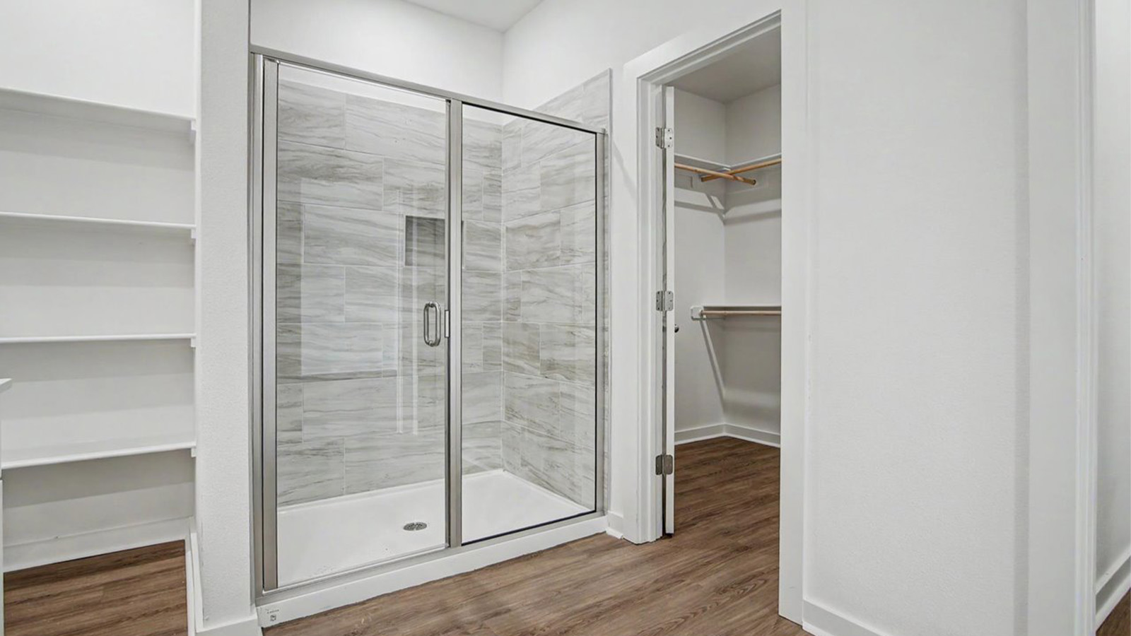 primary bathroom shelves closet