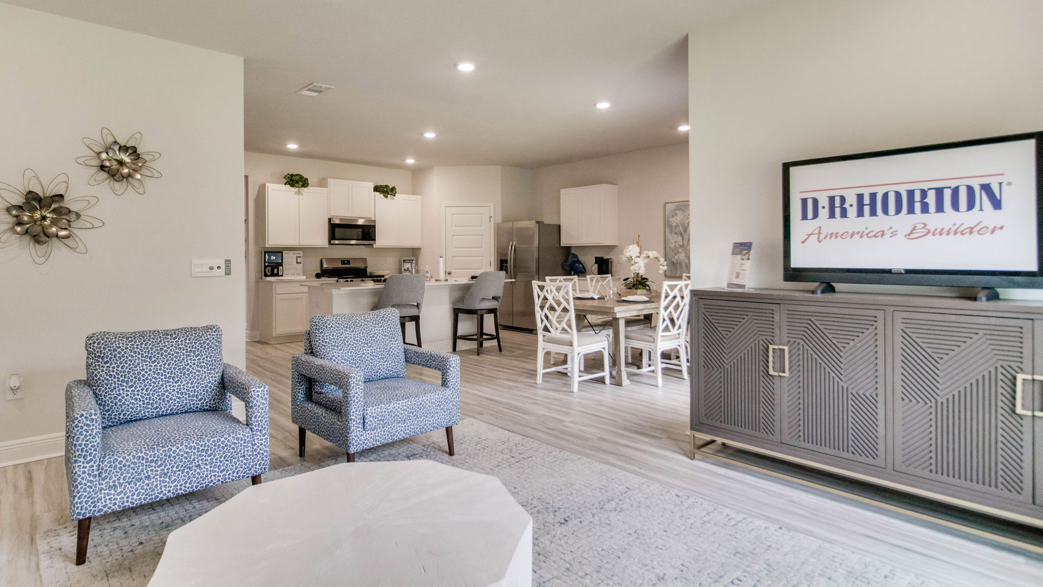 The Beau floorplan open concept living room, dining room and kitchen