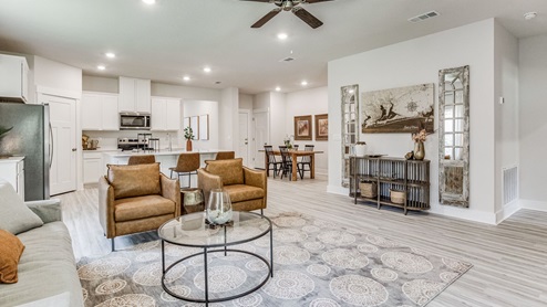 The Riverside floorplan open concept living, dining and kitchen space