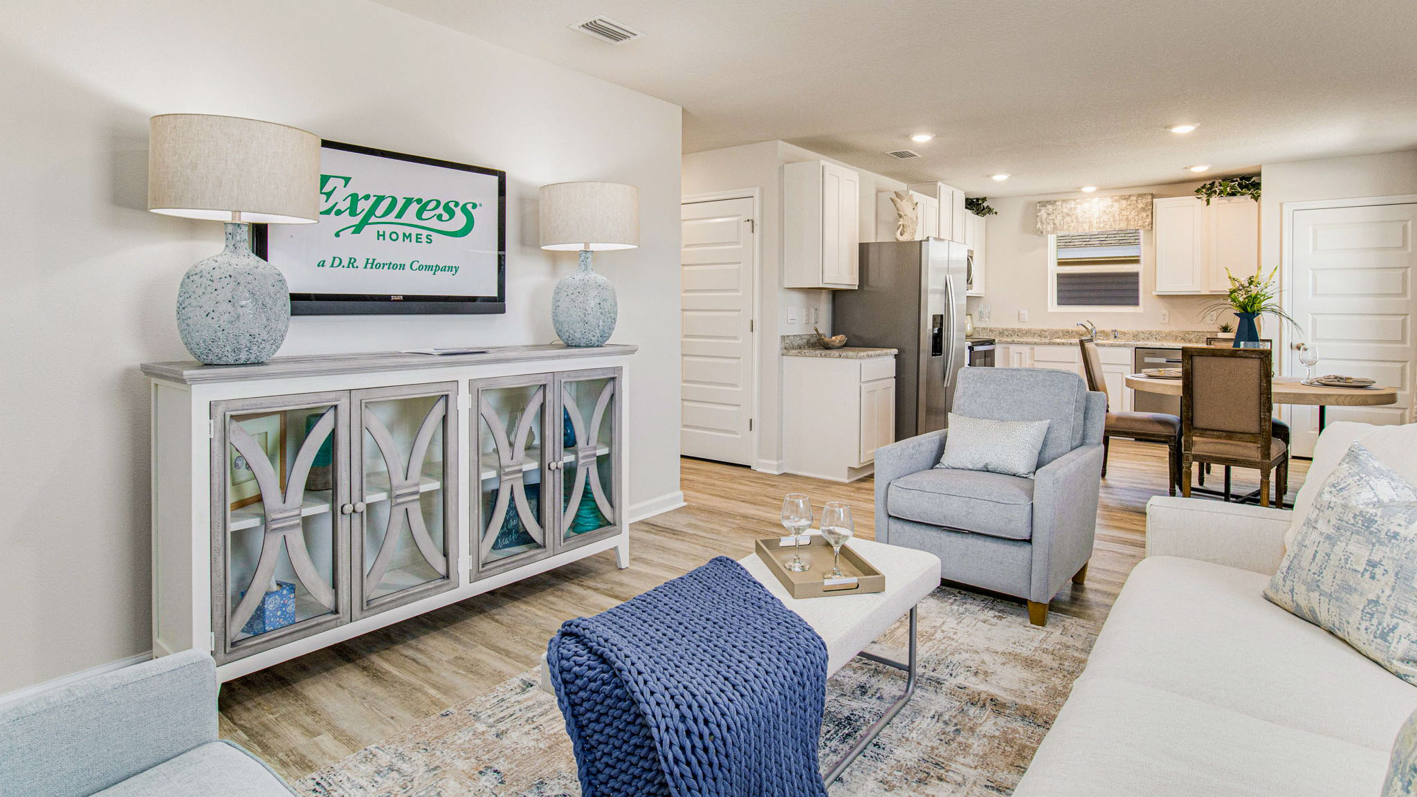 The Callaway floorplan open concept living, dining and kitchen space