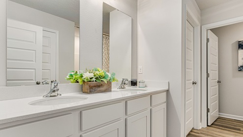 The Highlands Lakeside Model Home primary bathroom double sinks